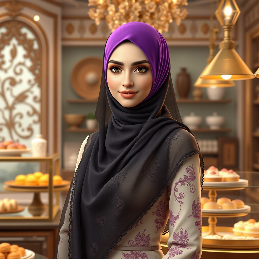 A stunning 3D rendering of a 23-year-old Iranian woman wearing a vibrant purple headscarf and a stylish hijab