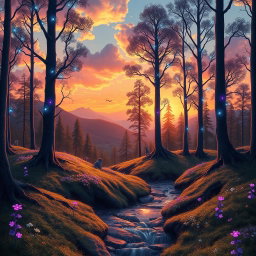 A breathtaking landscape of a fantasy forest during sunset, with tall, glowing trees that have bioluminescent leaves in vibrant shades of blue and purple
