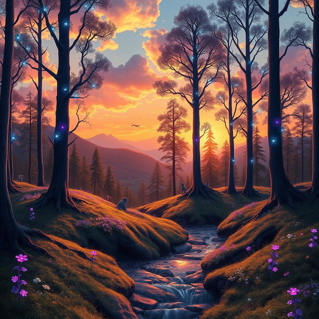 A breathtaking landscape of a fantasy forest during sunset, with tall, glowing trees that have bioluminescent leaves in vibrant shades of blue and purple