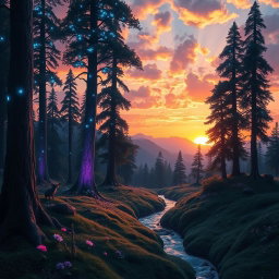 A breathtaking landscape of a fantasy forest during sunset, with tall, glowing trees that have bioluminescent leaves in vibrant shades of blue and purple