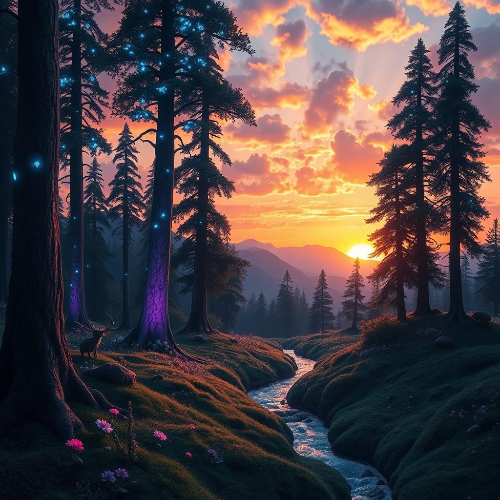 A breathtaking landscape of a fantasy forest during sunset, with tall, glowing trees that have bioluminescent leaves in vibrant shades of blue and purple