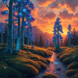 A breathtaking landscape of a fantasy forest during sunset, with tall, glowing trees that have bioluminescent leaves in vibrant shades of blue and purple