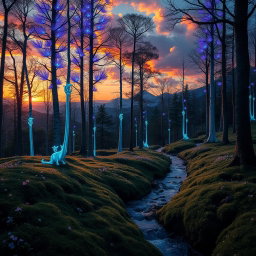 A breathtaking landscape of a fantasy forest during sunset, with tall, glowing trees that have bioluminescent leaves in vibrant shades of blue and purple