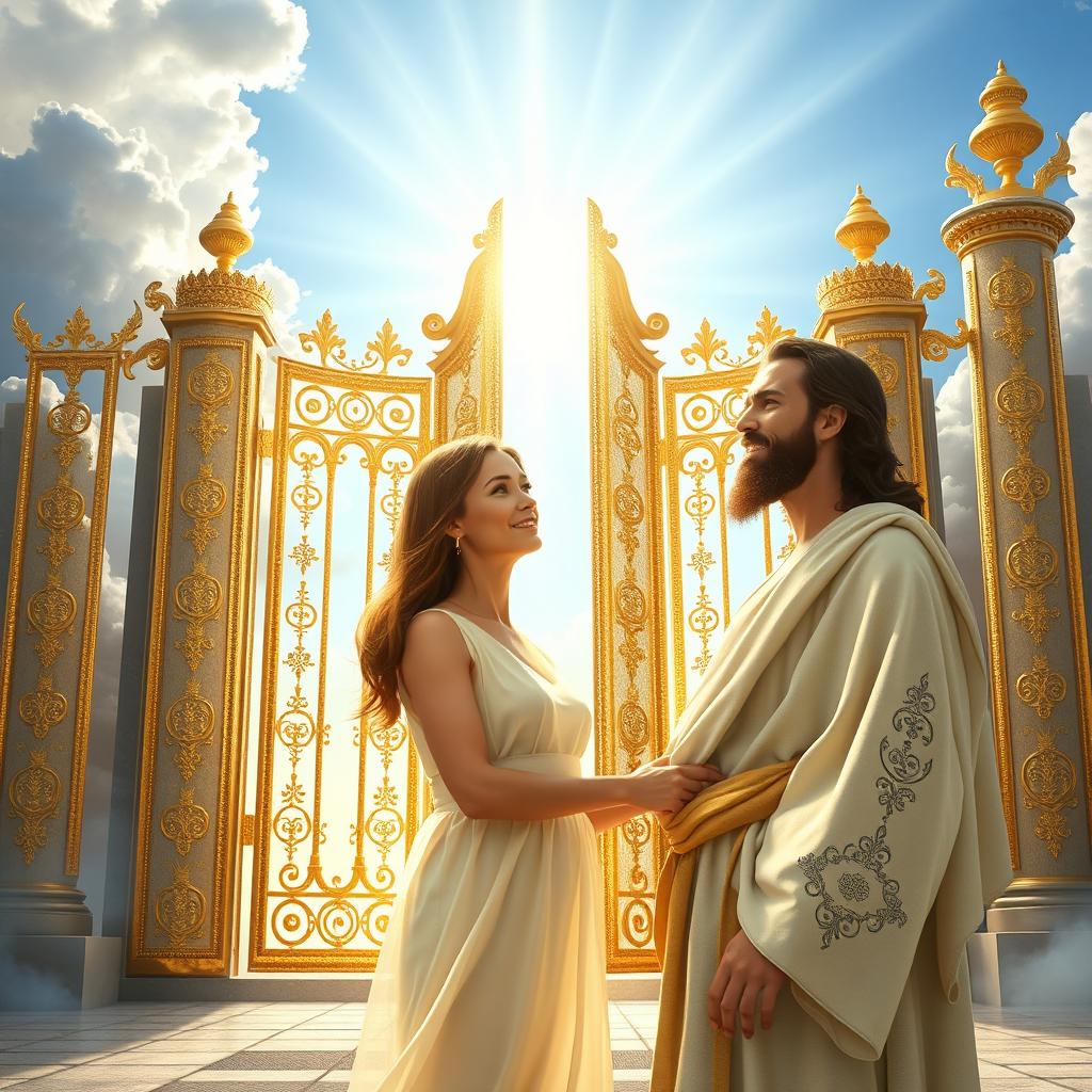 A beautiful scene at the gates of heaven where a woman meets Jesus