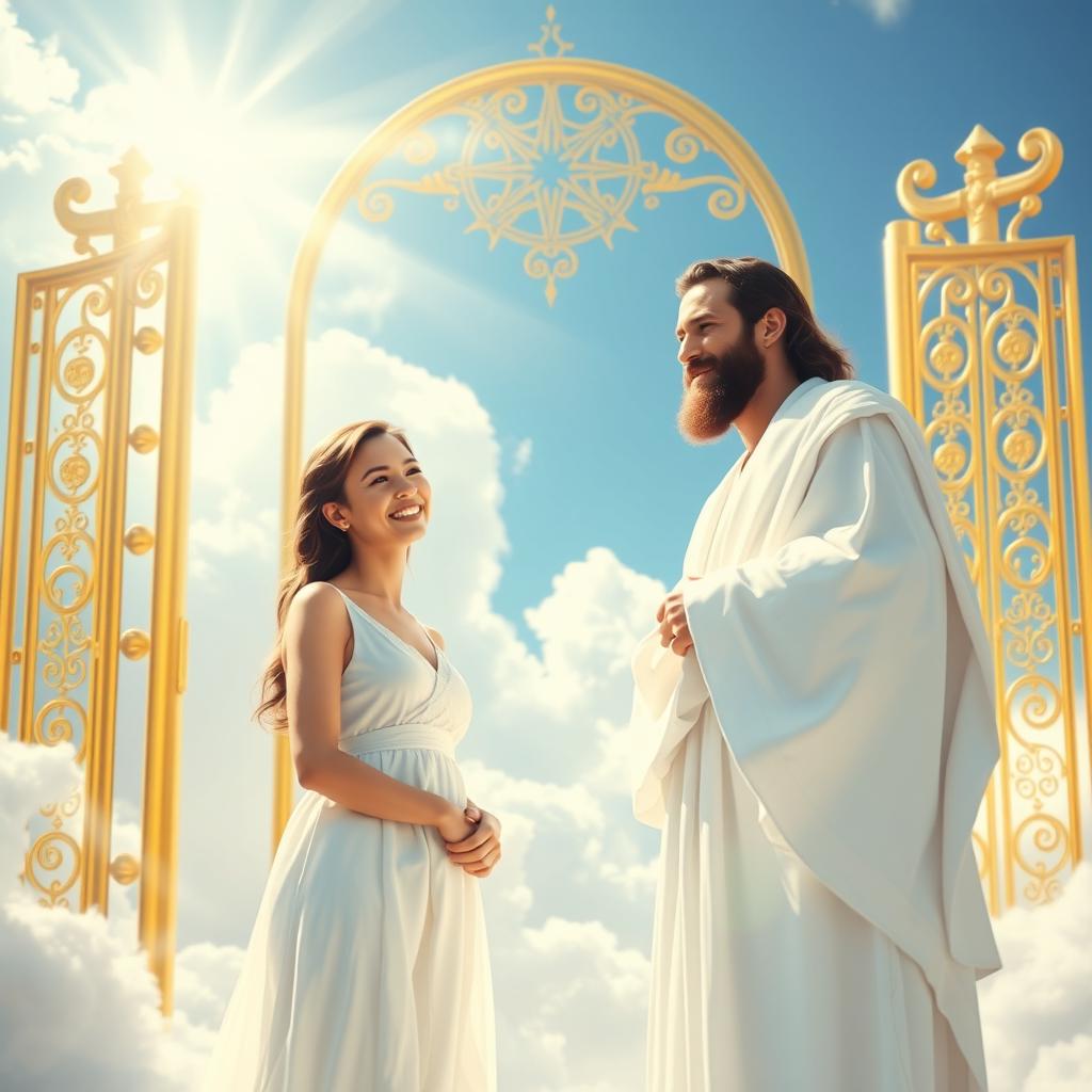 A serene scene at the gates of heaven where a woman meets Jesus