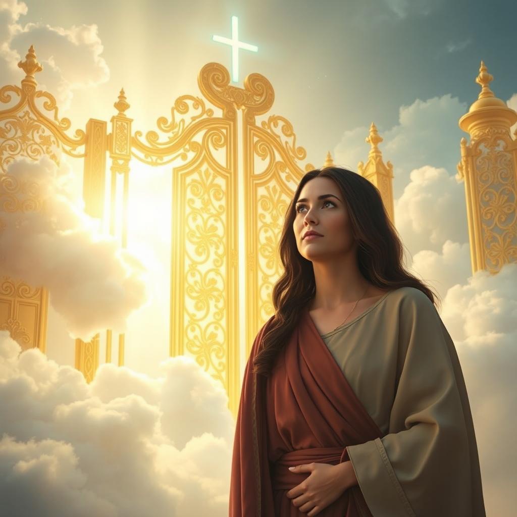 A serene scene depicting a woman encountering Jesus at the gates of heaven