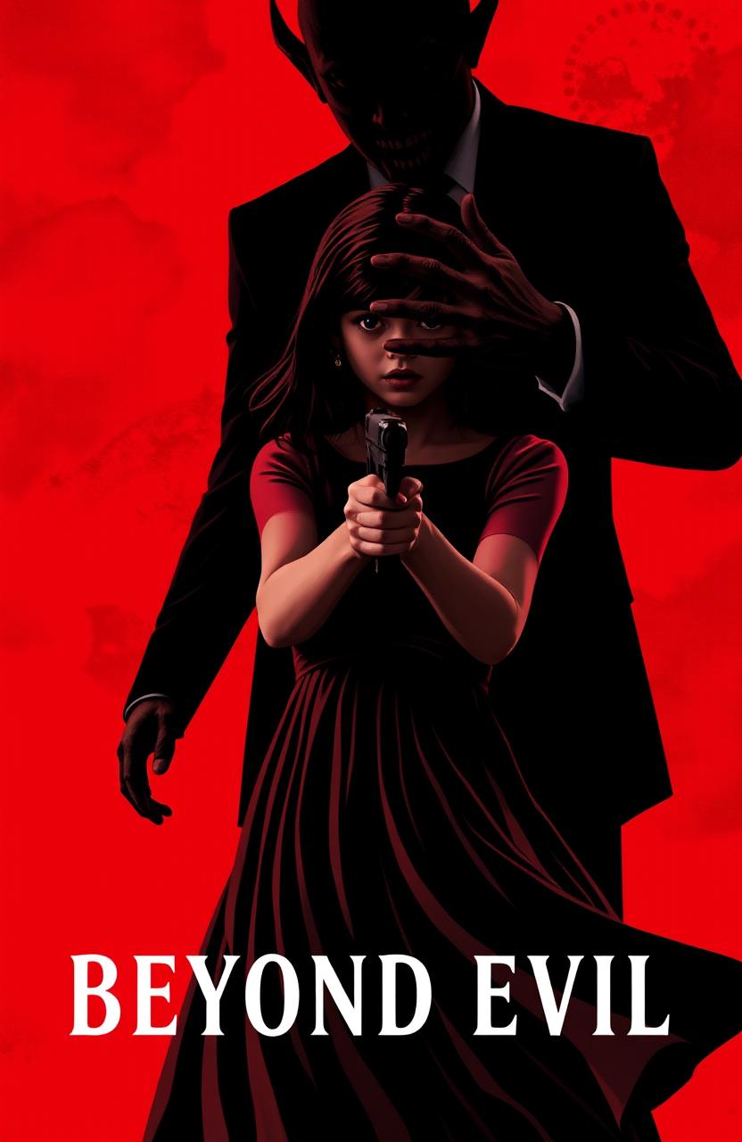 A book cover design titled "Beyond Evil" featuring a girl with indistinct features gripping a gun
