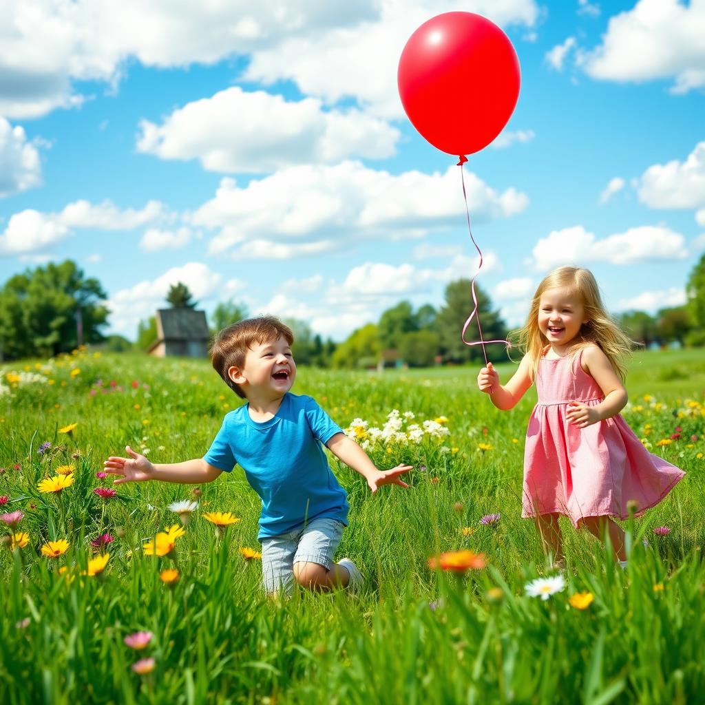 Two children playing with a bright red balloon in a sunny park, surrounded by lush green grass and colorful wildflowers