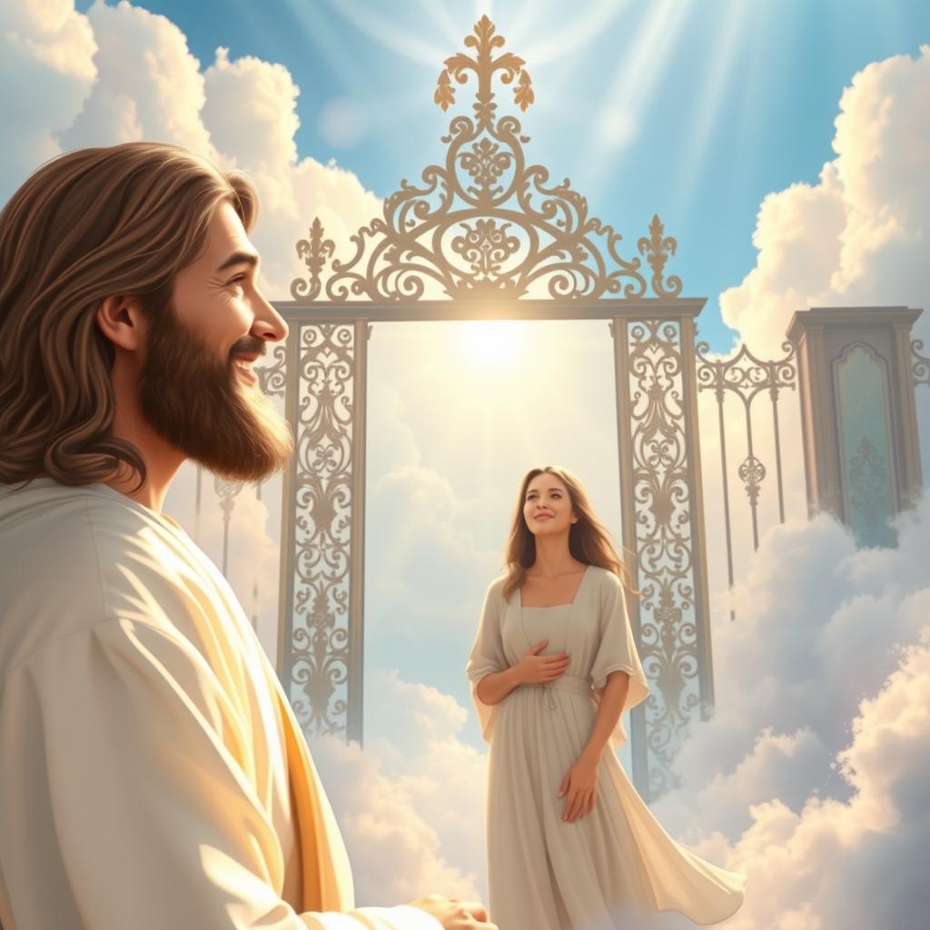 A serene and ethereal scene illustrating a woman meeting Jesus at the gates of heaven