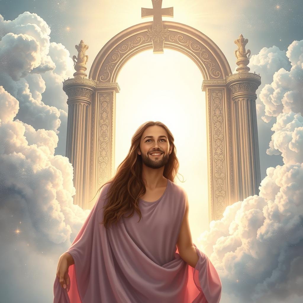 A peaceful scene illustrating a woman meeting Jesus at the gates of heaven