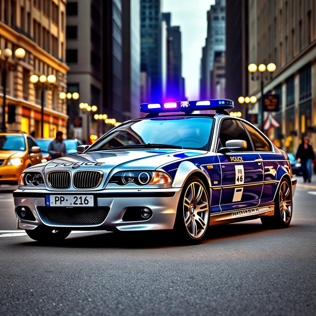 A BMW E46 police car in a dynamic urban setting, showcasing its sleek and sporty design