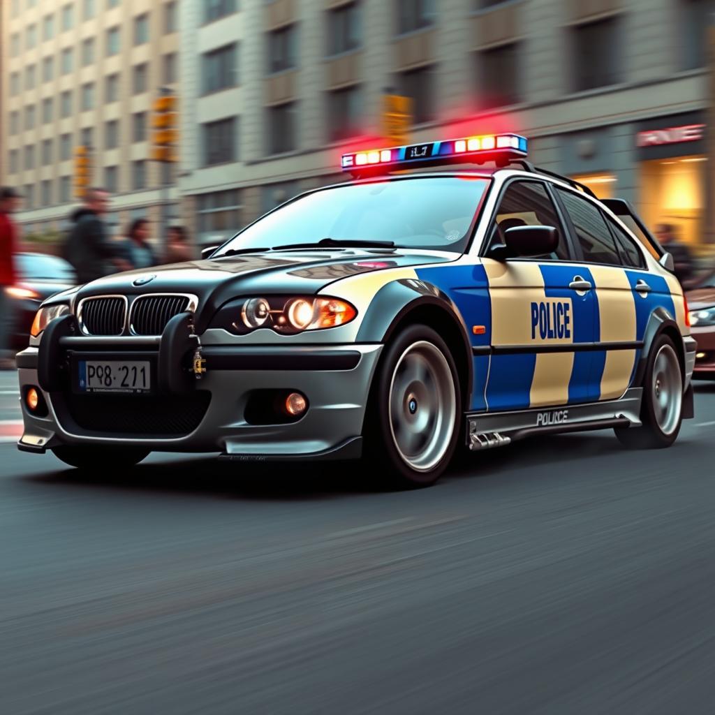 A BMW E46 police car inspired by the Need for Speed video game, featuring a rugged design equipped with a 'tumbaburro' (a vehicle designed to disable or intercept fleeing vehicles)