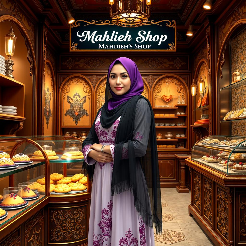A beautiful 23-year-old Iranian woman wearing a vibrant purple headscarf and a stylish hijab, dressed elegantly in a beautiful flowing dress complemented by a black veil
