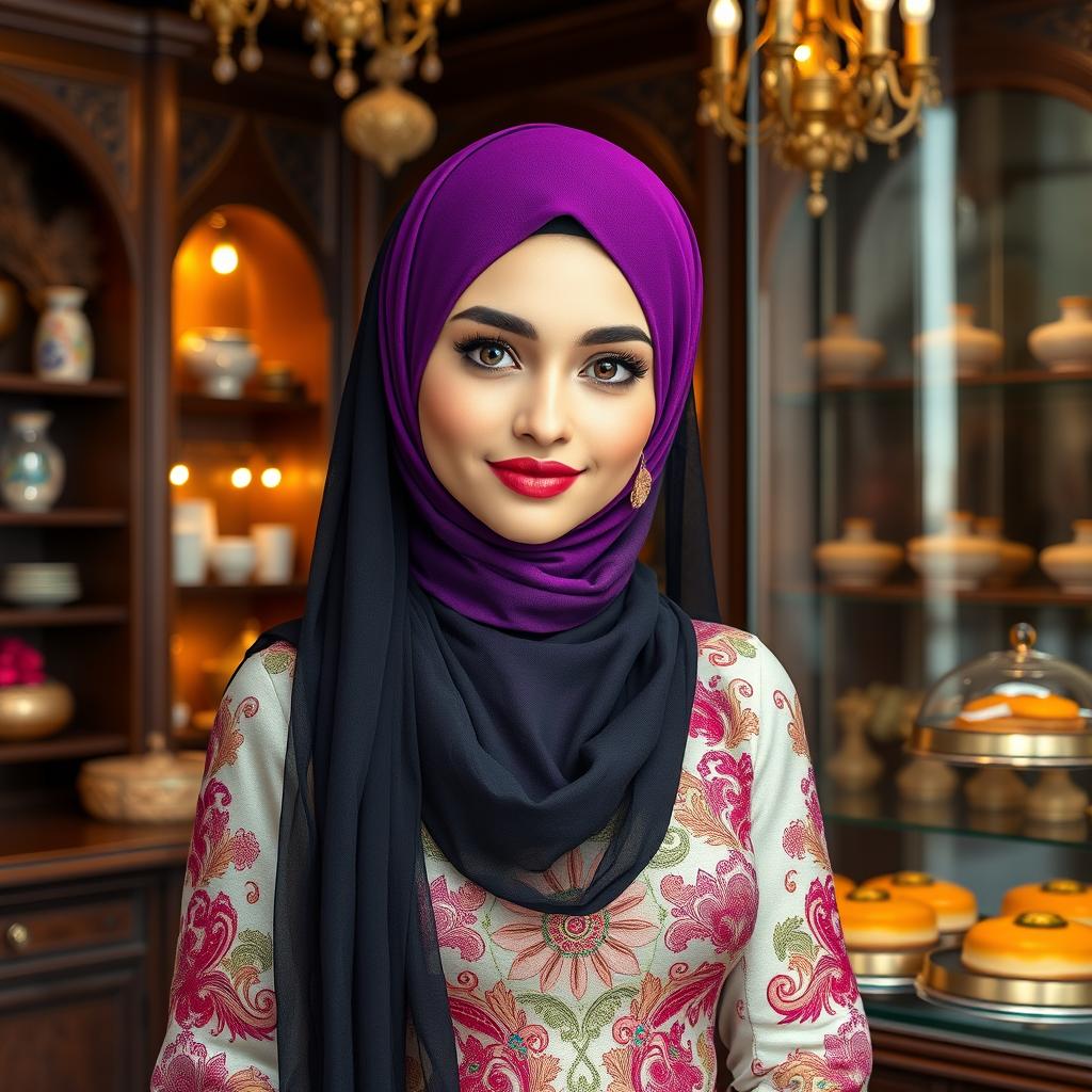 A stunning 23-year-old Iranian girl wearing a vivid purple headscarf and a stylish hijab, adorned in a beautiful dress with a black veil