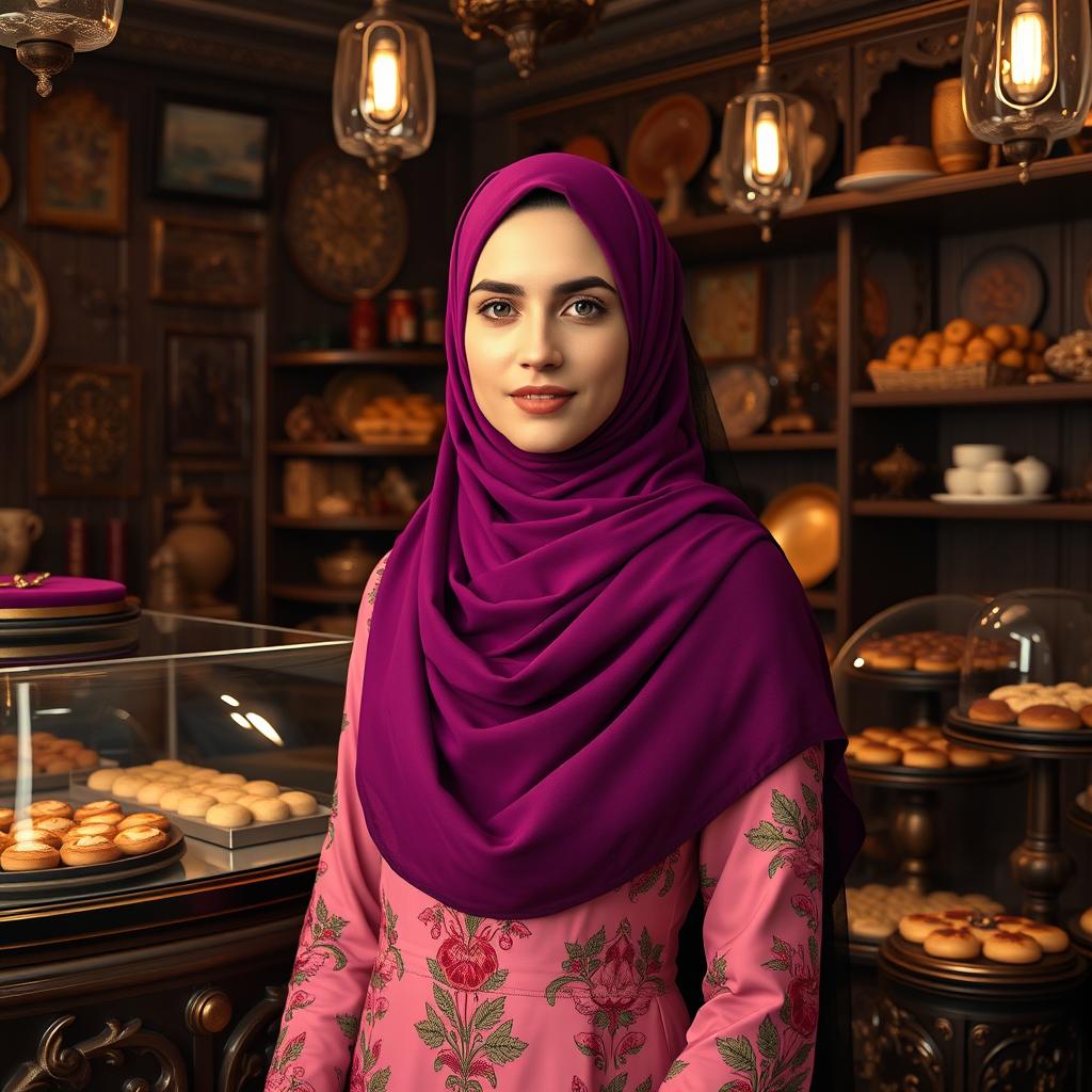 A beautiful 23-year-old Iranian girl with no makeup, wearing a vibrant purple headscarf and a stylish hijab, dressed elegantly in a beautiful dress with a black veil