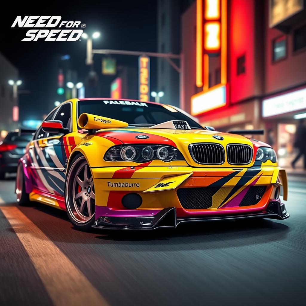 A BMW E46 designed in the style of Need for Speed, showcasing a modified and aggressive appearance