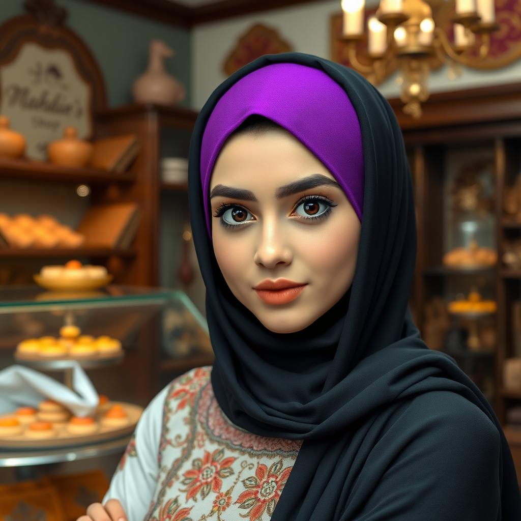 A beautiful 23-year-old Iranian girl with striking black eyes, wearing a vibrant purple headscarf and a stylish hijab