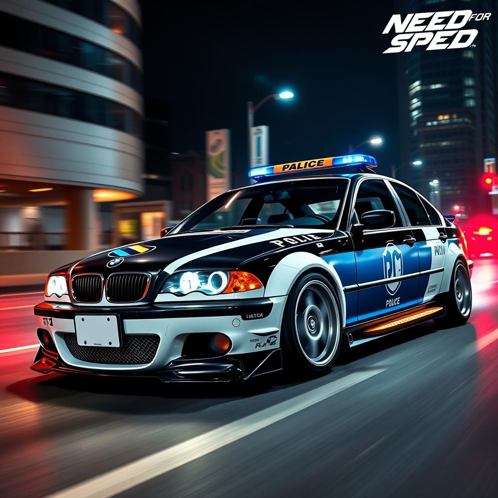 A BMW E46 designed in the style of Need for Speed, featuring a patrol-inspired modification with a 'tumbaburros' (interceptor device) prominently mounted on the front bumper