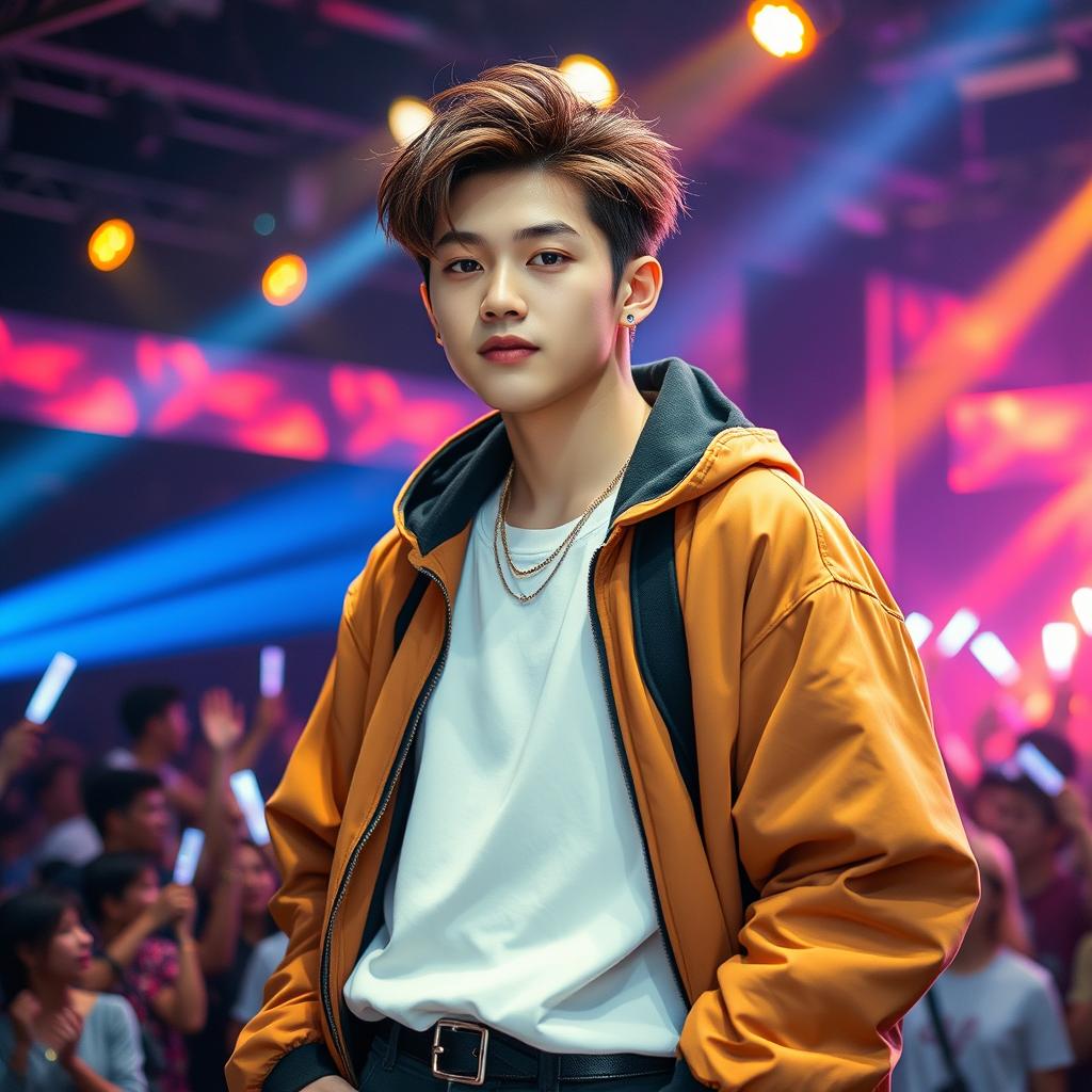 A handsome male K-pop idol resembling Minho from Stray Kids, dressed in stylish streetwear, featuring a confident pose under colorful stage lighting