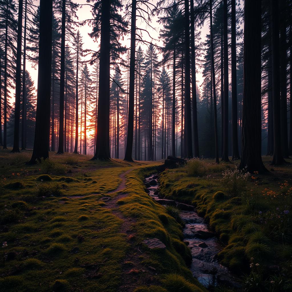 A serene forest landscape at dawn, with tall, majestic trees silhouetted against a warm, orange and pink sky
