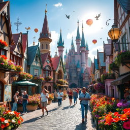 A magical city during the day, filled with colorful architecture, whimsical buildings with intricate designs