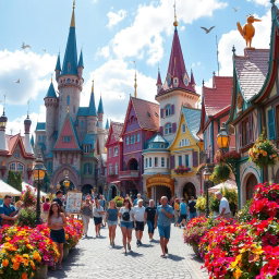 A magical city during the day, filled with colorful architecture, whimsical buildings with intricate designs