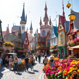 A magical city during the day, filled with colorful architecture, whimsical buildings with intricate designs