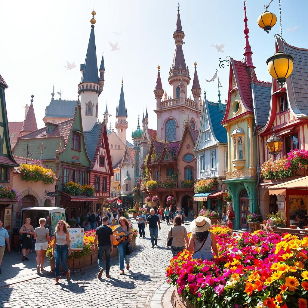 A magical city during the day, filled with colorful architecture, whimsical buildings with intricate designs