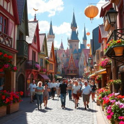 A magical city during the day, filled with colorful architecture, whimsical buildings with intricate designs