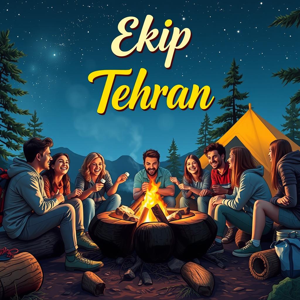 A vibrant scene of a group of friends enjoying a camping trip, gathered around a glowing campfire, sharing laughter and stories under a starlit sky