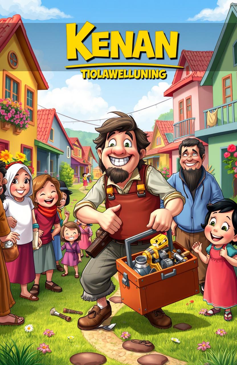 A humorous scene depicting Kenan, a clumsy handyman, surrounded by a friendly neighborhood