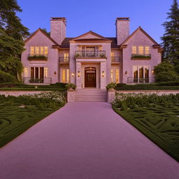 The exterior of a grand mansion with a driveway, inspired by the architectural details observed in the provided link.