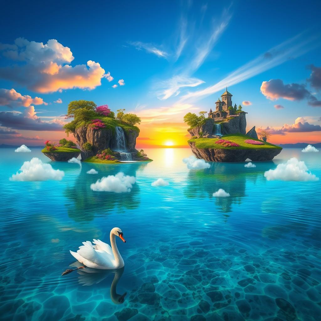 A surreal landscape featuring floating islands above a tranquil lake, with crystal clear water reflecting the vivid colors of a sunset