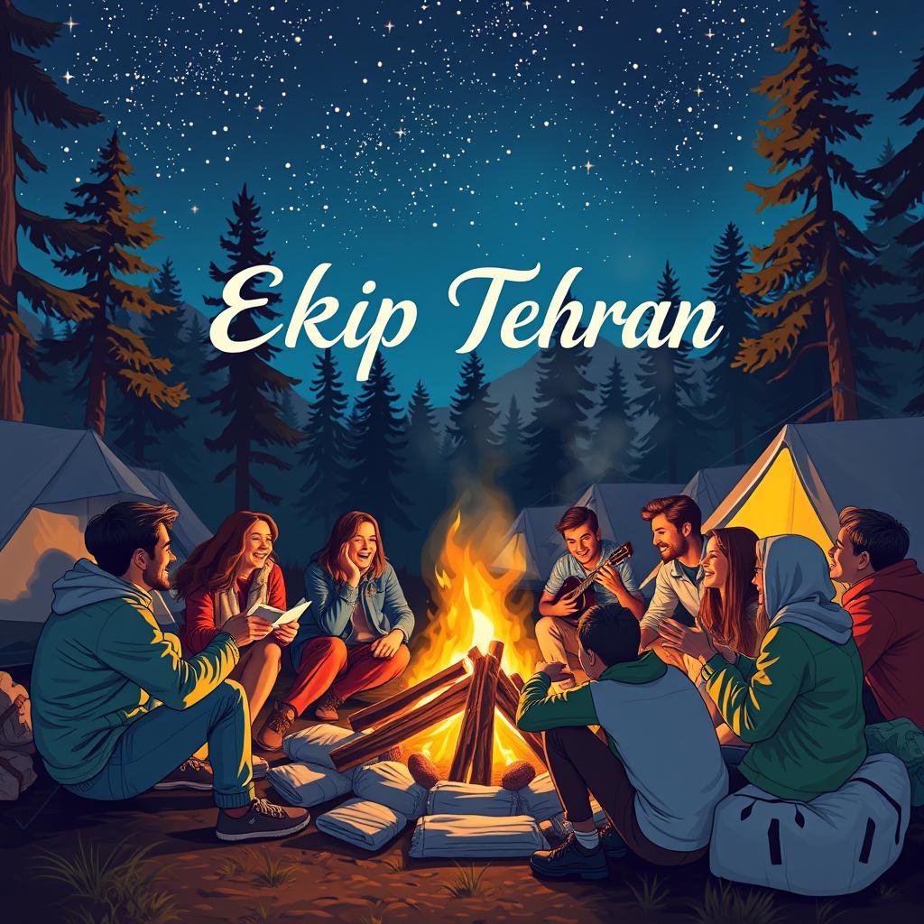 A lively scene depicting a group of young adults enjoying a camping trip, gathered around a warm campfire, laughing and having fun under a clear night sky filled with stars