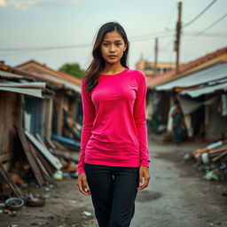 A beautiful Vietnamese woman with glowing smooth skin, wearing a long-sleeved pink t-shirt, black long jeans, and sneakers