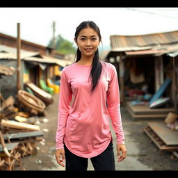 A beautiful Vietnamese woman with glowing smooth skin, wearing a long-sleeved pink t-shirt, black long jeans, and sneakers