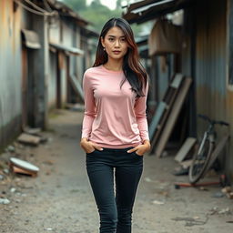A beautiful Vietnamese woman with glowing smooth skin, wearing a long-sleeved pink t-shirt, black long jeans, and sneakers