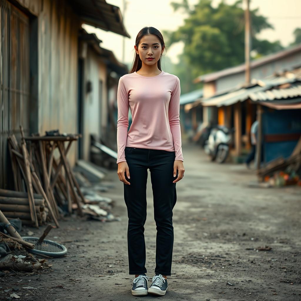 A beautiful Vietnamese woman with glowing smooth skin, wearing a long-sleeved pink t-shirt, black long jeans, and sneakers