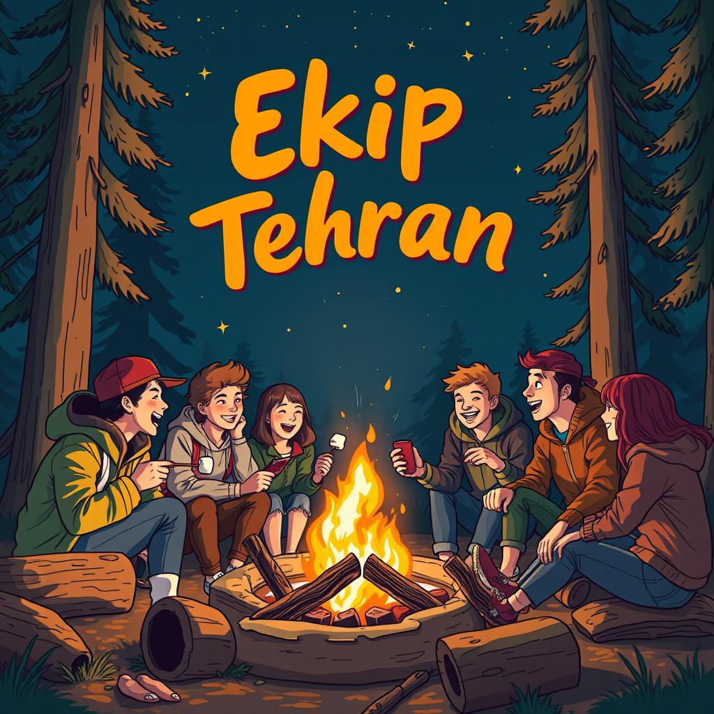 A lively and cheerful scene depicting a group of young adults enjoying their camping experience, gathered around a cozy campfire