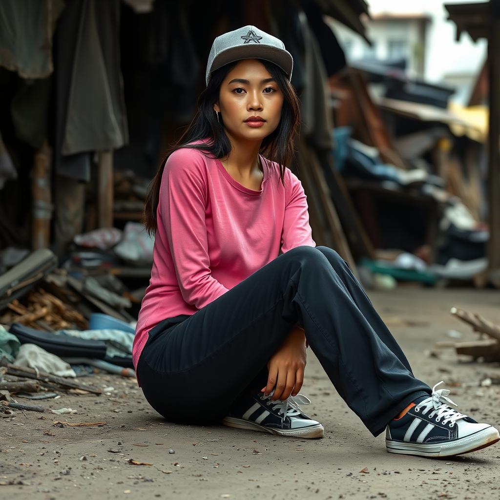 A beautiful Vietnamese woman with glowing smooth skin, wearing a long-sleeve pink shirt, black long jeans, and sneakers