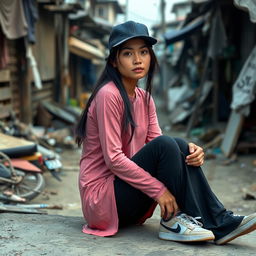 A beautiful Vietnamese woman with glowing smooth skin, wearing a long-sleeve pink shirt, black long jeans, and sneakers