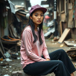 A beautiful Vietnamese woman with glowing smooth skin, wearing a long-sleeve pink shirt, black long jeans, and sneakers