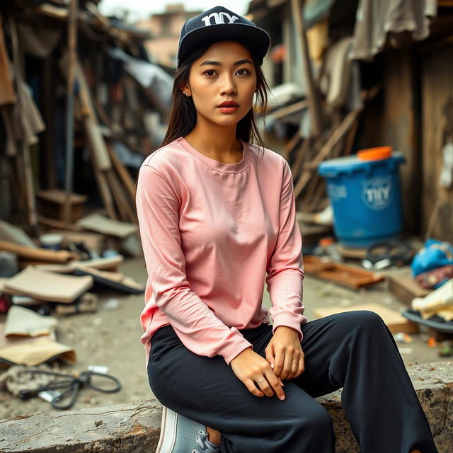A beautiful Vietnamese woman with glowing smooth skin, wearing a long-sleeve pink shirt, black long jeans, and sneakers