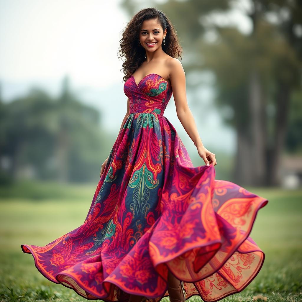 A full-body portrait of a woman wearing a stunning dress that flows elegantly to the floor, showcasing vibrant colors and intricate patterns