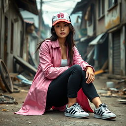 A beautiful Vietnamese woman with glowing, flawless skin, wearing a long-sleeve pink jacket, black jeans, and sneakers