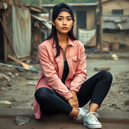 A beautiful Vietnamese woman with glowing, flawless skin, wearing a long-sleeve pink jacket, black jeans, and sneakers
