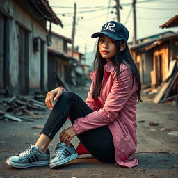 A beautiful Vietnamese woman with glowing, flawless skin, wearing a long-sleeve pink jacket, black jeans, and sneakers