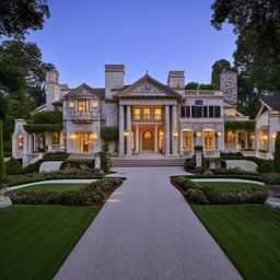 The exterior of a grand mansion with a driveway, inspired by the architectural details observed in the provided link.