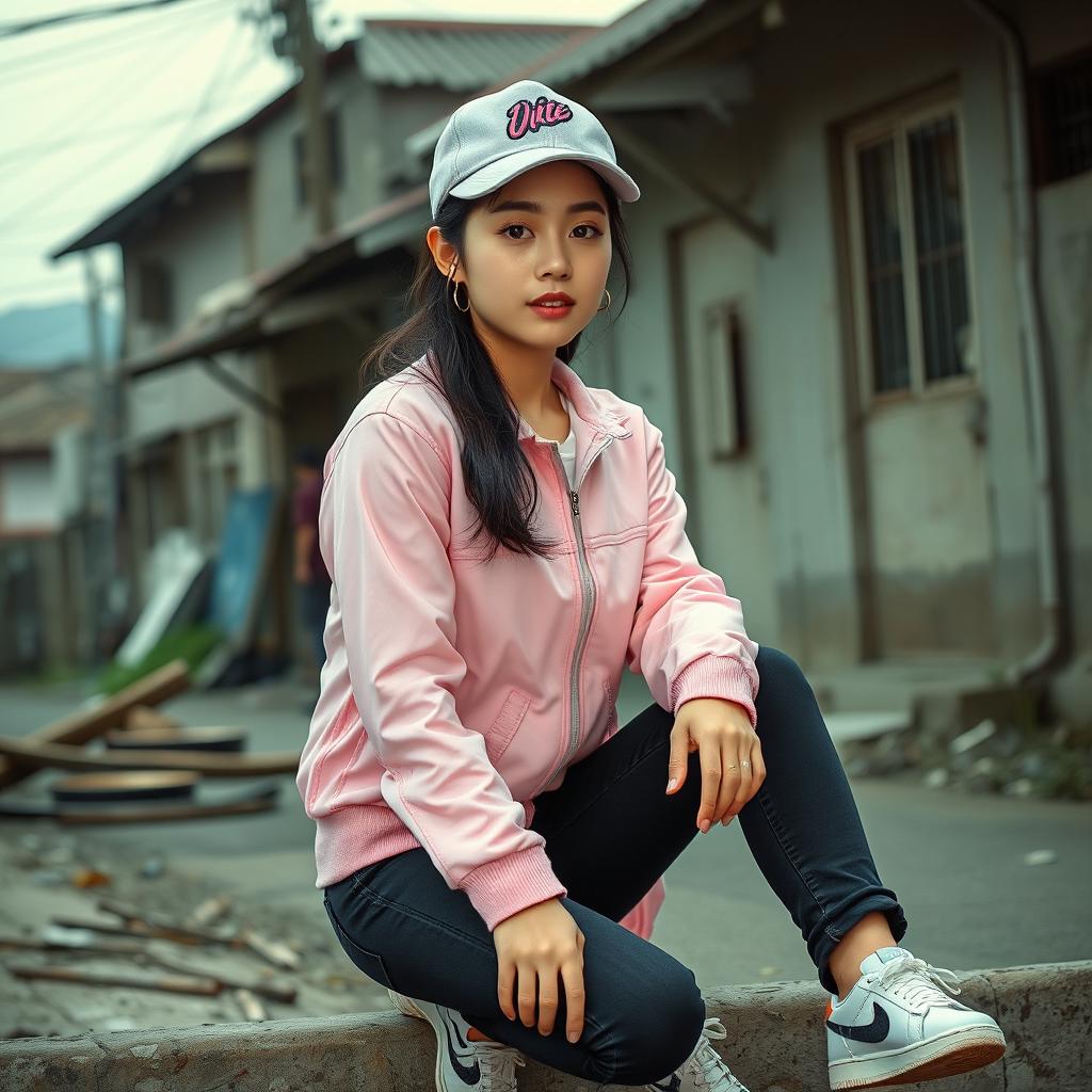 A beautiful Korean woman with glowing, flawless skin, wearing a long-sleeve pink jacket, black jeans, and sneakers, a hip hop cap on her head, sitting and facing forward