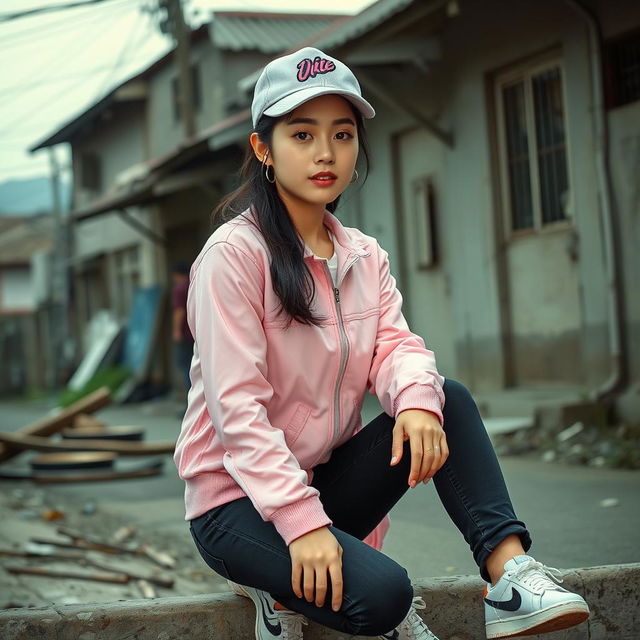 A beautiful Korean woman with glowing, flawless skin, wearing a long-sleeve pink jacket, black jeans, and sneakers, a hip hop cap on her head, sitting and facing forward